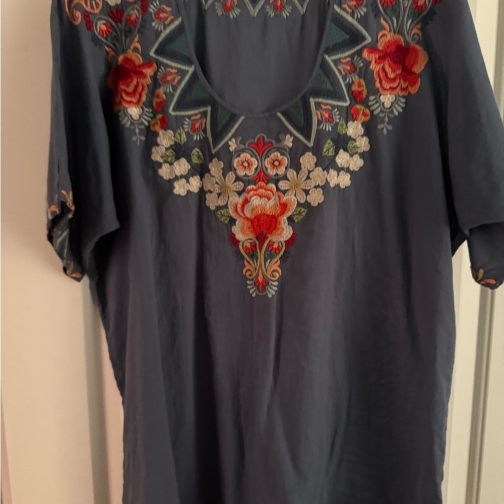 Johnny Was Blue Blouse with Vibrant Embroidery